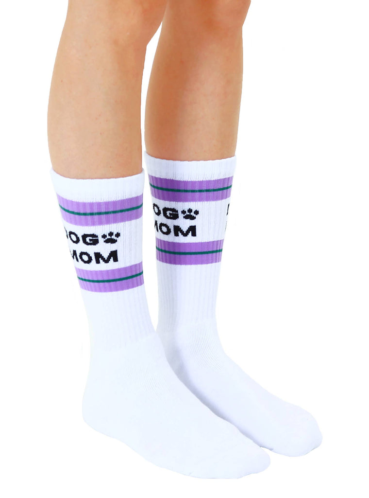 Classic Crew Socks w/ Ribbed Tubing - "Dog Mom" - White - The Dog Shop