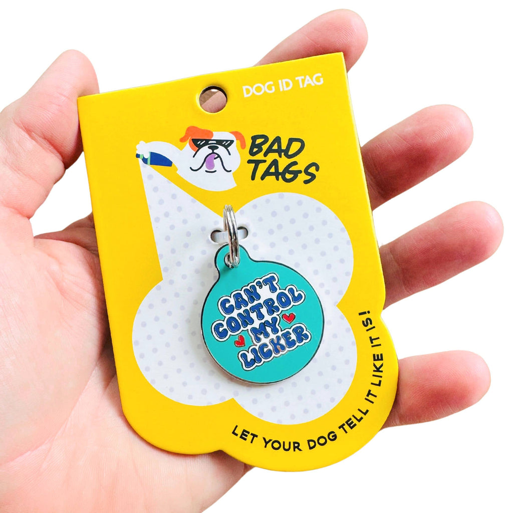 Dog Tag w/ Personalized QR Code - Can't Control my Licker: Teal / Collar Charm (blank backside) / Large 1.25" - The Dog Shop