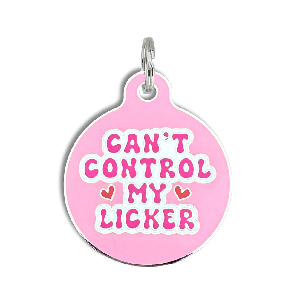 Dog Tag w/ Personalized QR Code - Can't Control my Licker: Teal / Collar Charm (blank backside) / Large 1.25" - The Dog Shop