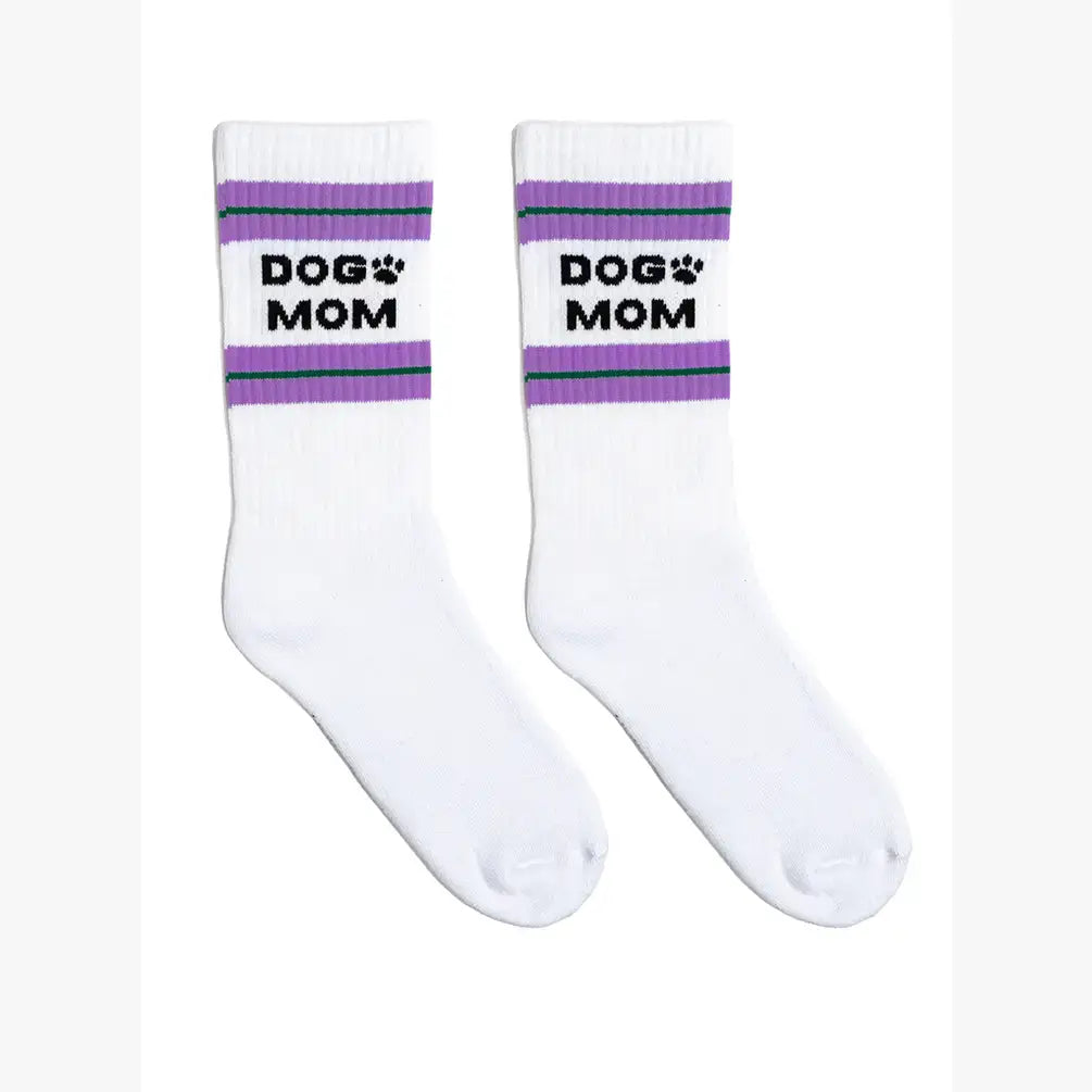 Classic Crew Socks w/ Ribbed Tubing - "Dog Mom" - White - The Dog Shop