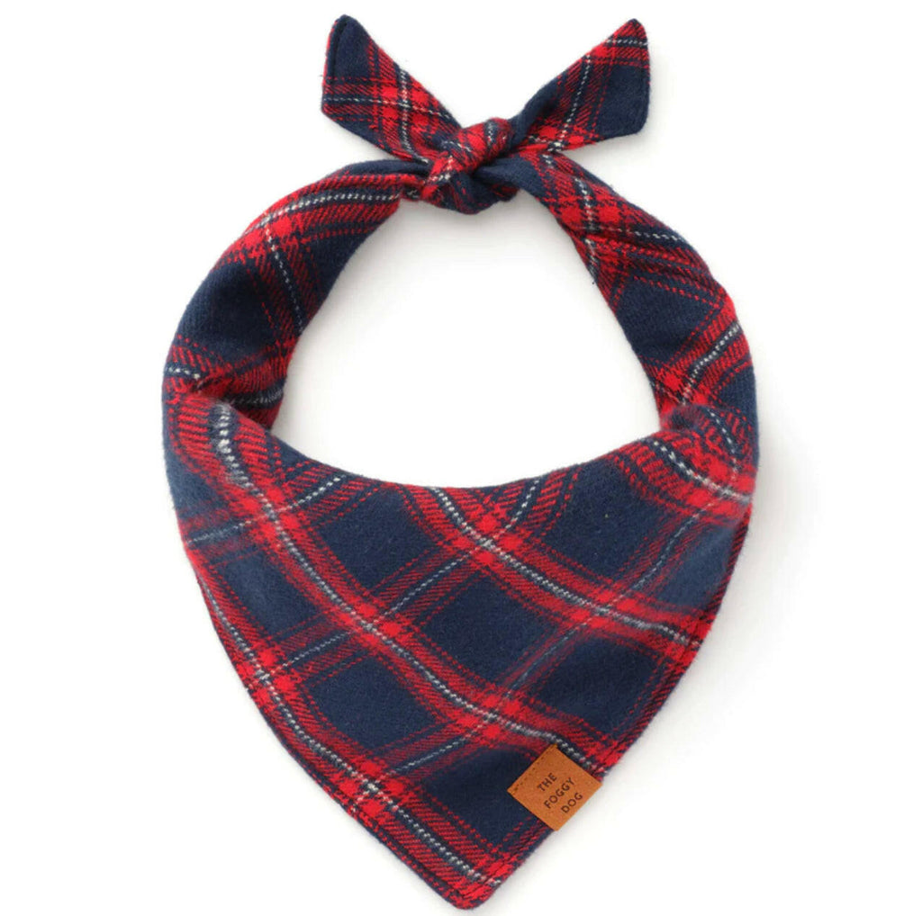 Flannel dog bandana with navy base color and red and white plaid design
