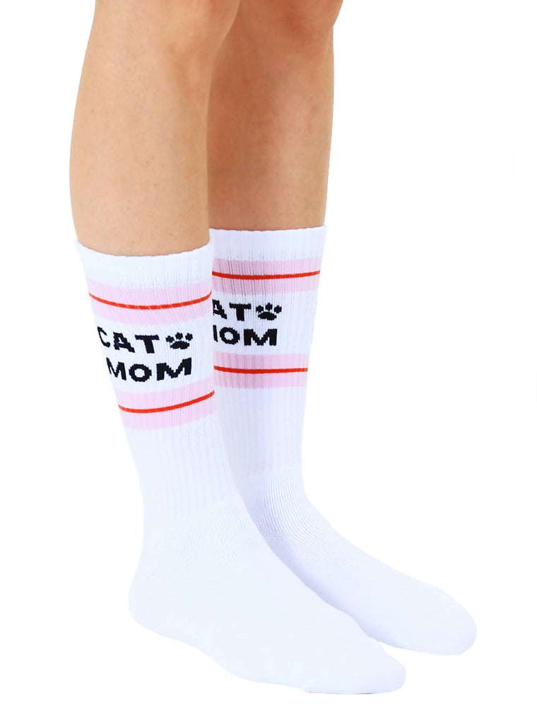 Classic Crew Socks w/ Ribbed Tubing - "Cat Mom" - White - The Dog Shop