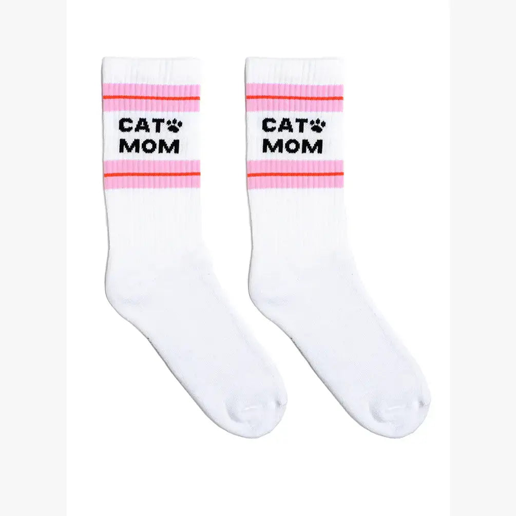 Classic Crew Socks w/ Ribbed Tubing - "Cat Mom" - White - The Dog Shop