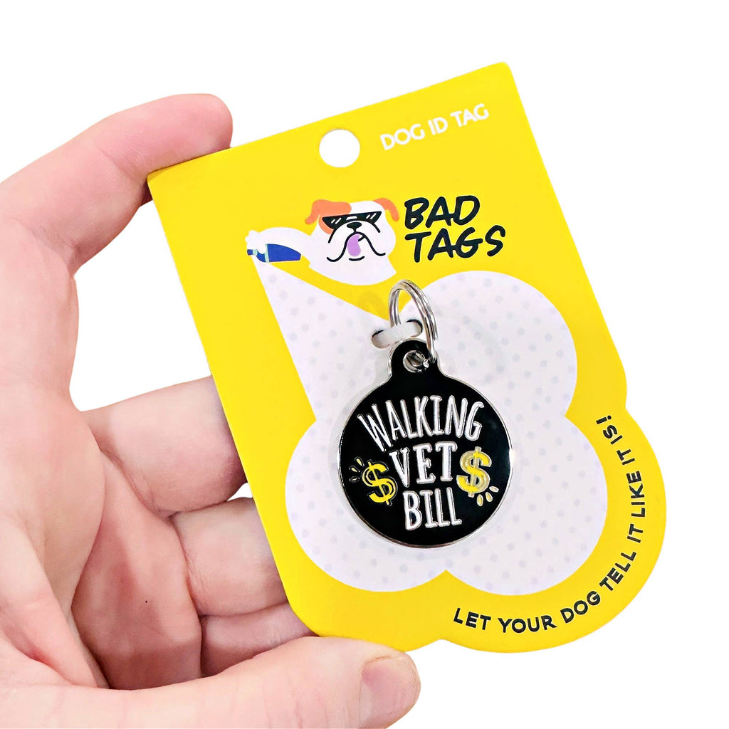 Funny Dog ID Tag w/ Scannable QR Code - Walking Vet Bill: Charm (blank backside) / Black / Large - The Dog Shop