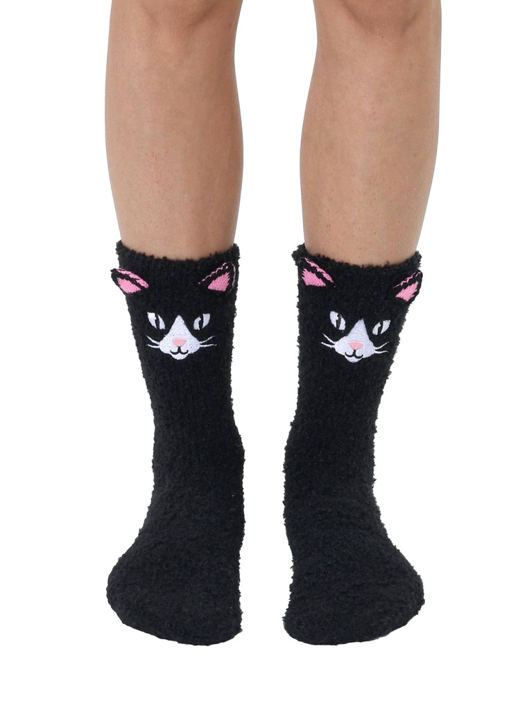 Fuzzy Crew Socks w/ 3D Ears - Black Cat - The Dog Shop