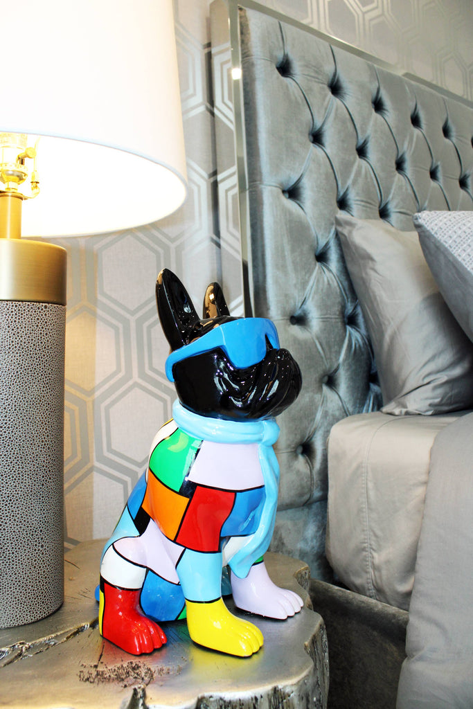 Blue Patchwork Expressionist Dog Sculpture with Glasses - The Dog Shop