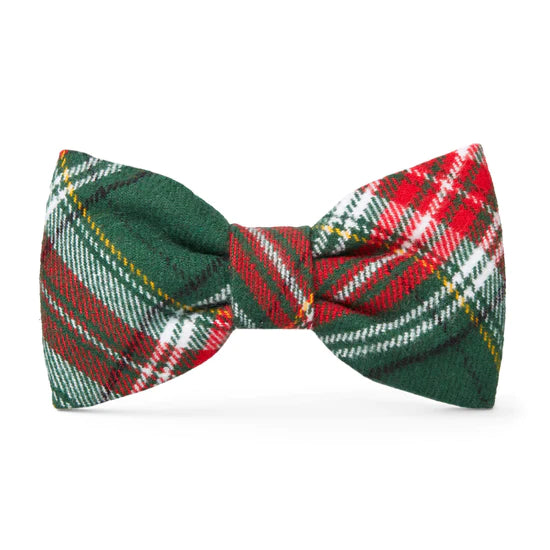 Flannel dog bow tie with dark green base and red, white, and yellow plaid design