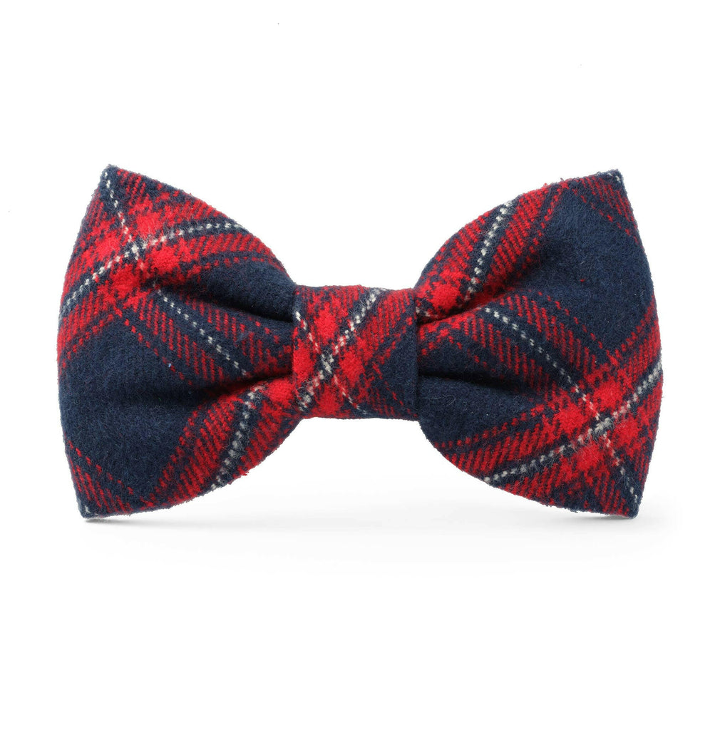 Flannel dog bow tie with navy base color and red and white plaid design
