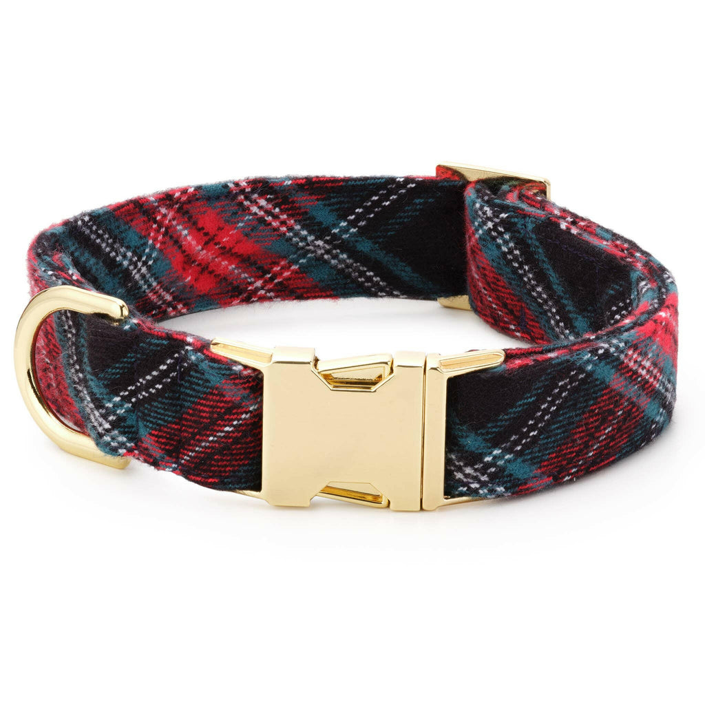 Flannel dog collar with black base color overlapped with festive green, red, and white plaid