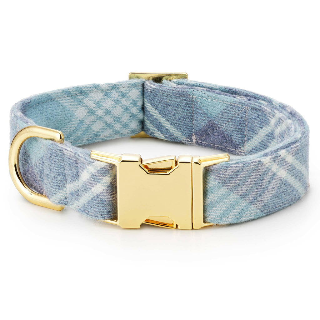 Dog collar with vintage Winter blue, white, and faded navy plaid design