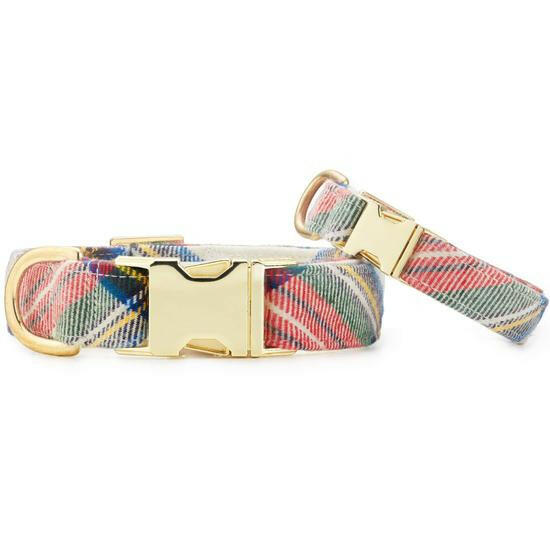 regent plaid flannel dog collar dawning yellows, greens, reds, and blues in design