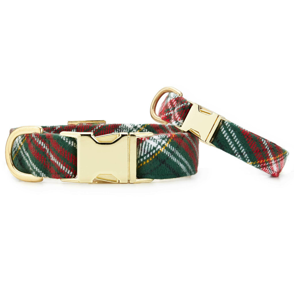 Flannel dog collar with dark green base and red, white, and yellow plaid design